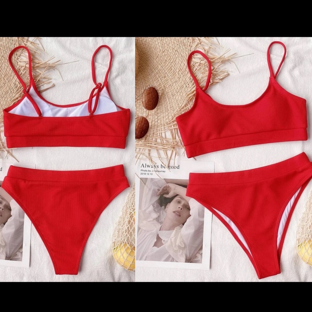 High waisted ribbed bikini swimsuit RED - Picture 4 of 6